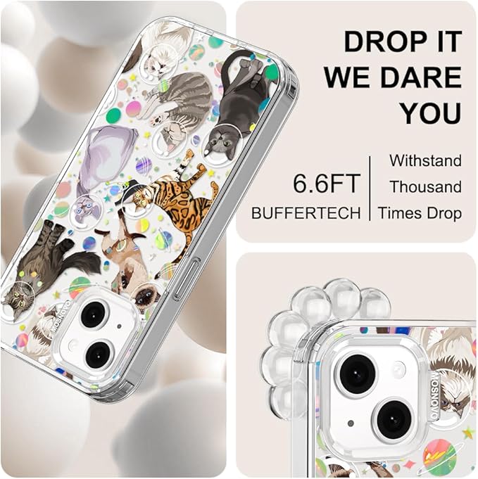 MOSNOVO for iPhone 13/14 Case | Military Grade 6.6ft Drop Tested | Clear with Space Cat Design