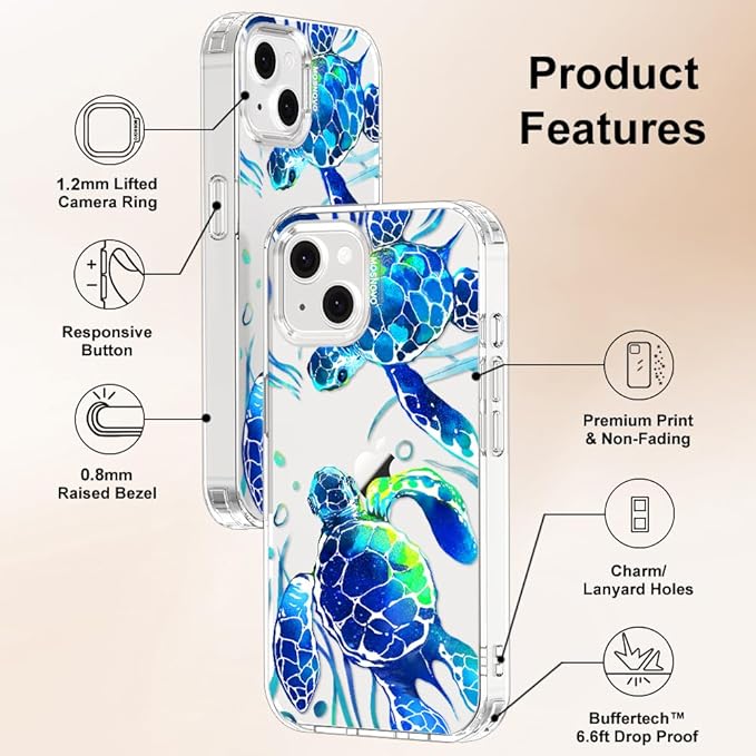 MOSNOVO for iPhone 13/14 Case | Military Grade 6.6ft Drop Tested | Clear with Sea Turtles Design