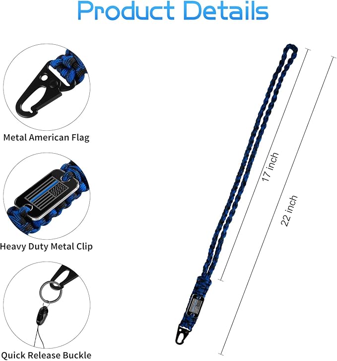 Thin Blue Line Paracord Key Lanyard for Men Long Neck Lanyard and Short for Keys with Cool USA Flag