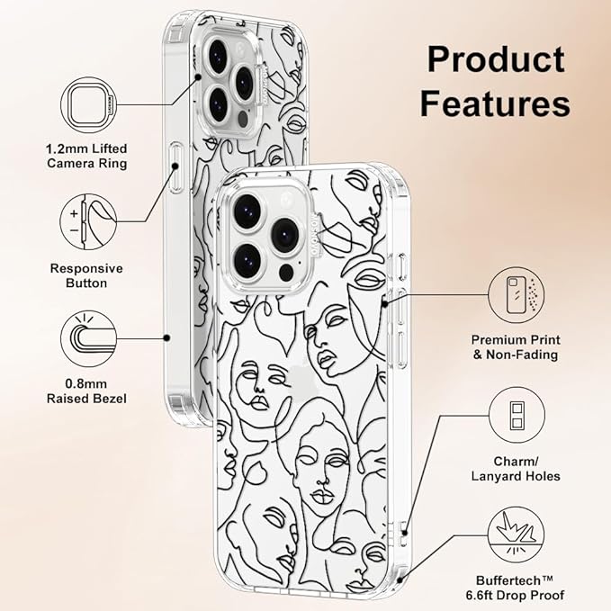 MOSNOVO Case for iPhone 14 Pro Max, [Buffertech 6.6ft Military-Grade Drop Protection] [Anti Peel Off Tech] Clear TPU Bumper Phone Case Cover Design - Abstract Face Line Art