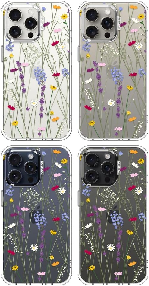 MOSNOVO Case for iPhone 15 Pro Max, [Buffertech 6.6ft Military-Grade Drop Protection] [Anti Peel Off Tech] Clear TPU Bumper Phone Case Cover Design - Floral Garden