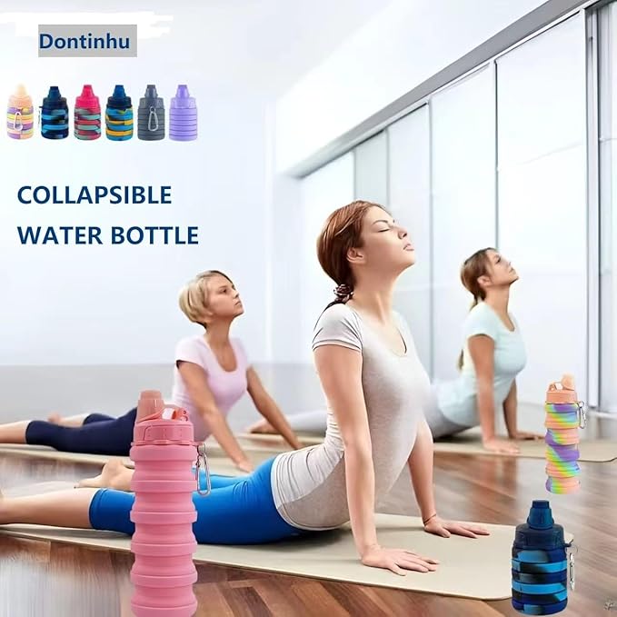 Collapsible Water Bottles 4 PackTravel water bottle Sports Portable Water Bottle Reusable silicone Water Bottles 500ml. (Grey+Purple+Blue+Pink)