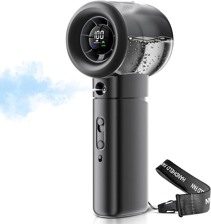 Portable Misting Fan Handheld Powerful Turbo Fan, 100 Speeds, 6000mAh Rechargeable Battery, LED Display, Spray Mist Personal Mini Fan for Travel, Beach, Outdoor Camping (Midnight)