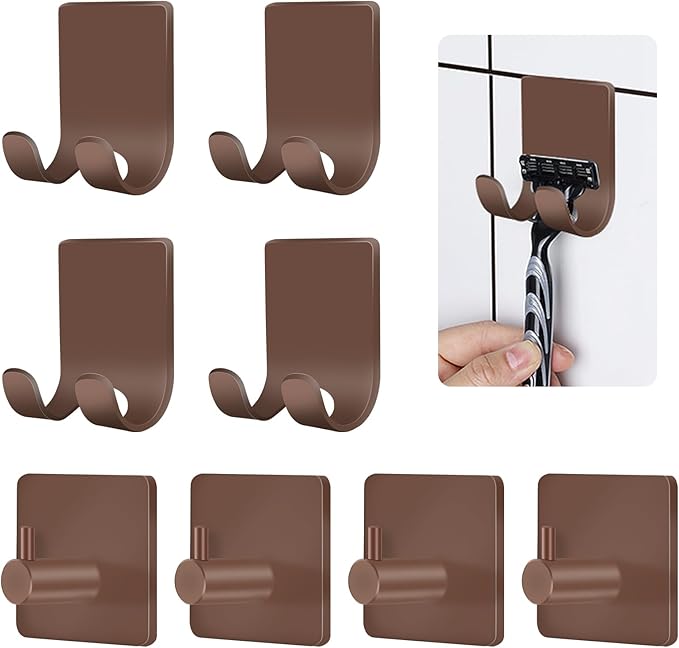 CGBE Razor Holder for Shower, 4 Packs Shaver Holder and Hooks, Self Adhesive Wall Mounts for Bathroom, Damage Free - Brown