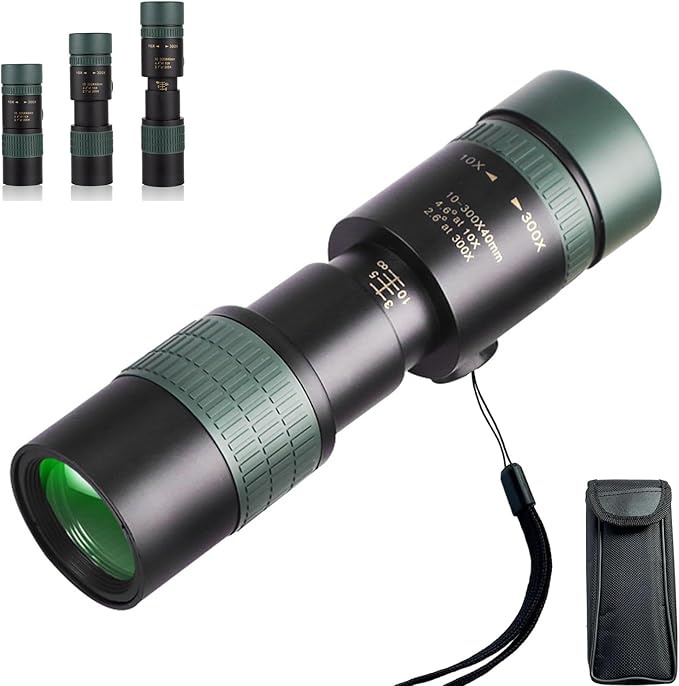 10-300x40 Monoculars for Adults High Powered–Zoom Monocular Telescope with BAK4 & FMC Lens for Concerts, Birdwatching, Stargazing, Green (Smartphone Adapter &Tripod NOT Include)