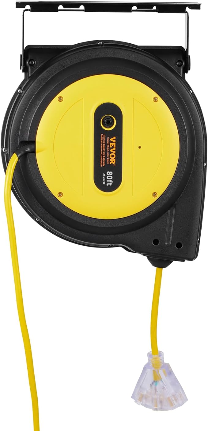 VEVOR 80FT Retractable Extension Cord Reel, 12AWG/3C SJTOW Heavy Duty Power Cord w/Lighted Electrical Triple Tap Outlets, 15A Circuit Breaker,180° Swivel Bracket for Workshop or Garage, Yellow