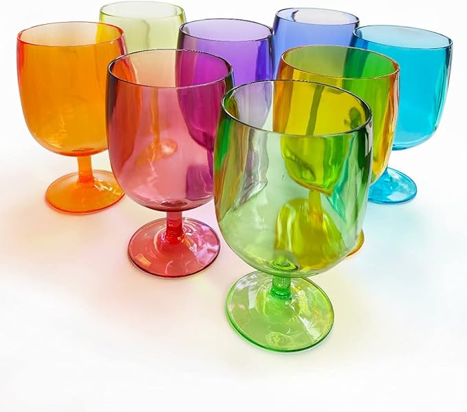 Lily's Home Unbreakable Plastic Wine Glasses Set of 8, 12 oz Shatterproof Stackable Tumblers, Reusable BPA Free Goblets for Party, Picnic, Camping, and Outdoor Use. Made in Taiwan(Multicolor)