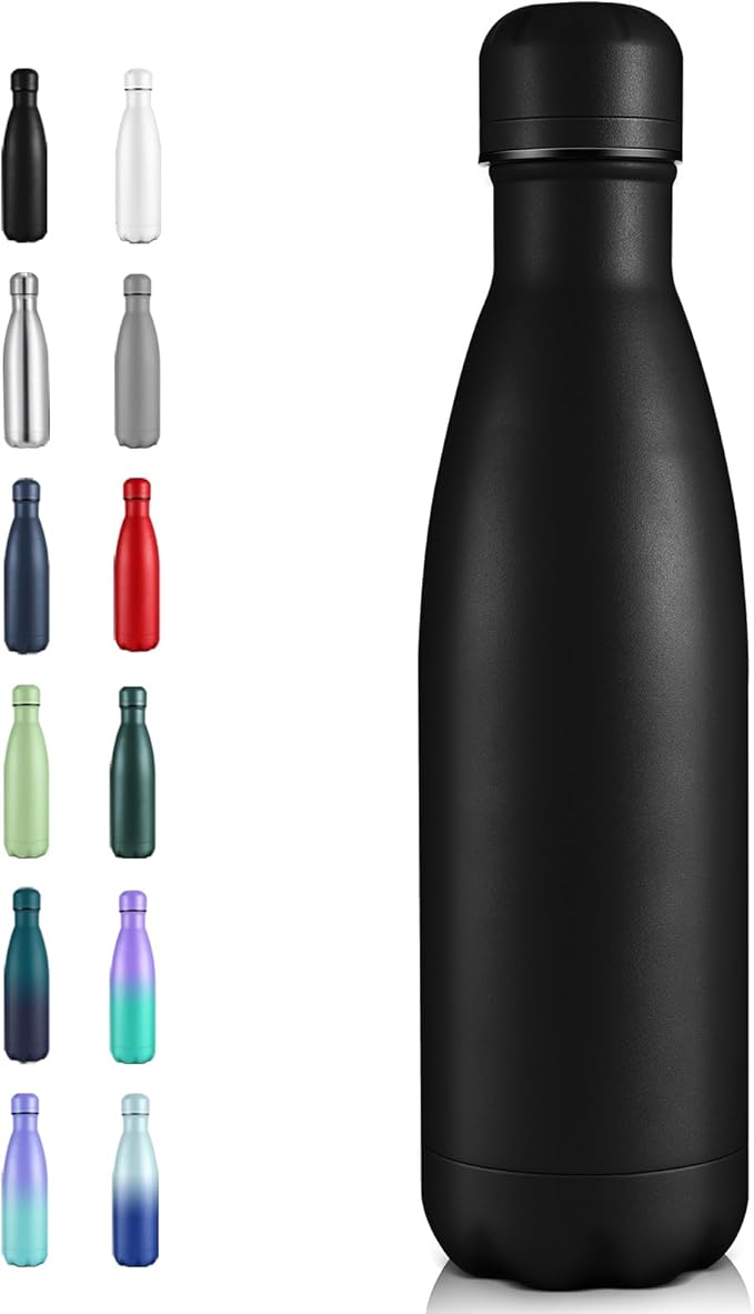 Volhoply 17oz Insulated Stainless Steel Water Bottle, Double Wall Vacuum Flask, Keeps Cold 24h & Hot 12h, Available in Packs of 1, 4, or 8（Black,1 Pack)