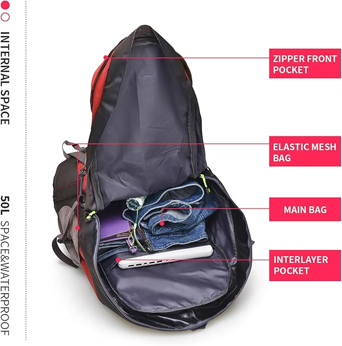 Bseash 50L Hiking Backpack, Water Resistant Lightweight Outdoor Sport Daypack Travel Bag for Camping Climbing Skiing Cycling (Red - No Shoe Compartment)