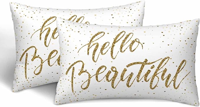 Hello Beautiful Bling Pillow Covers 12 X 20 Gold Glitter Motivational Quote Set of 2 Pillow Cases Rectangular Velvet Outdoor Throw Cushion Pillowcases Decorative for Home Bed Sofa Couch Hotel