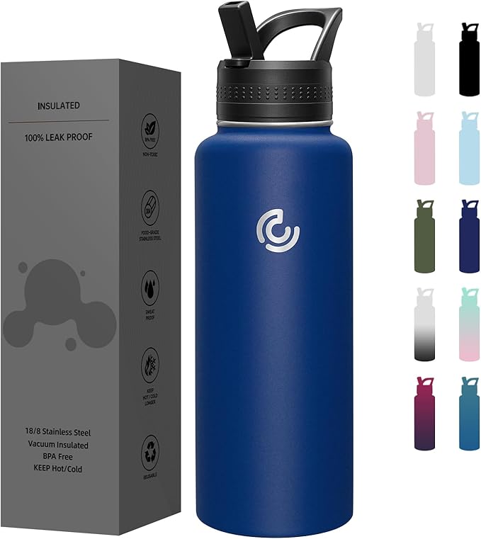 COKTIK 40oz Sports Water Bottle, Stainless Steel Water Bottle for Insulated, Reusable Travel Bottle, With Straw, With Handle Grip for Easy Carrying, Suitable for Cycling, Outdoor Vacations(Cobalt)