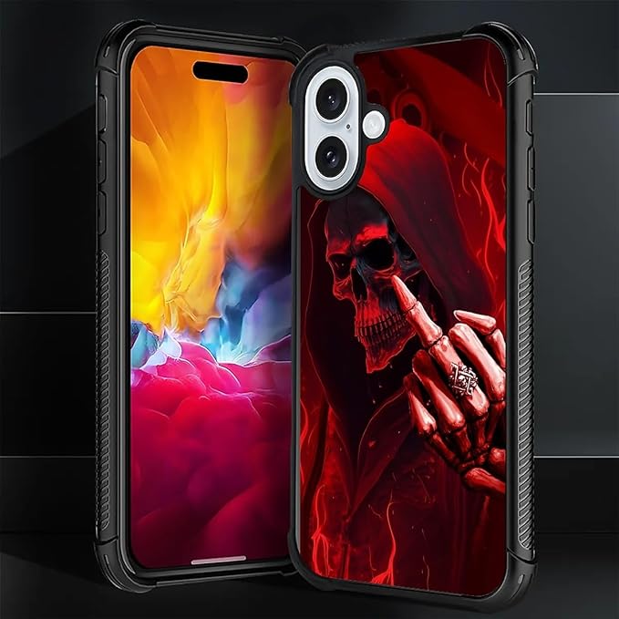 for iPhone 16 Case, Gestures Funny Skull Pattern Graphic Design Girl Boy Soft Silicone Hard Acrylic Shock Protection for iPhone 16