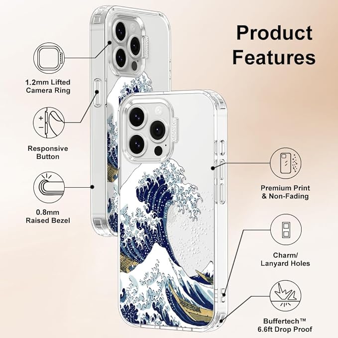 MOSNOVO Case for iPhone 13 Pro, [Buffertech 6.6ft Military-Grade Drop Protection] [Anti Peel Off Tech] Clear TPU Bumper Phone Case Cover Design - Great Wave