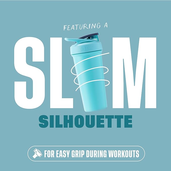 BlenderBottle Sport Sleek Shaker Cup Insulated Stainless Steel Water Bottle with Wire Whisk, 25-Ounce, Seafoam