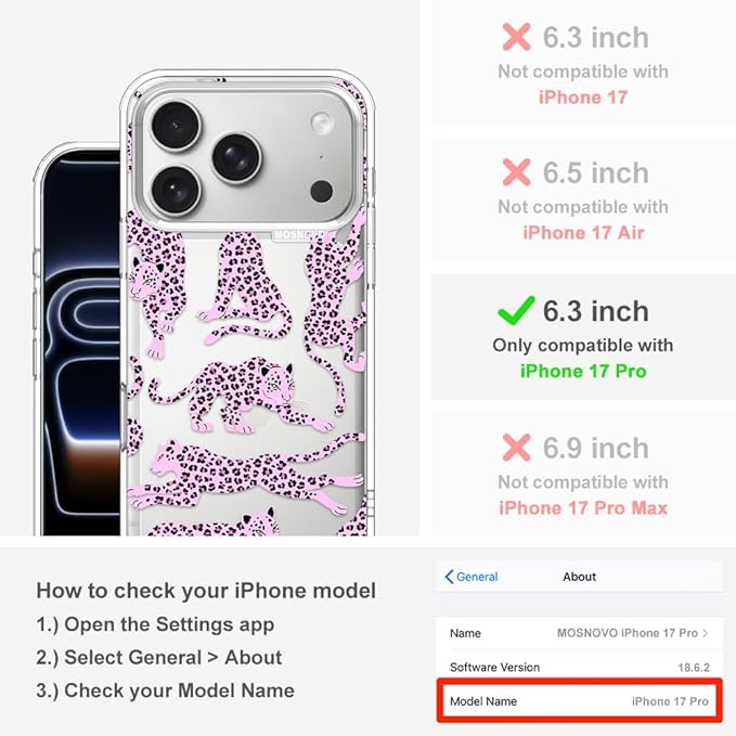 MOSNOVO for iPhone 17 Pro Case | Military Grade 6.6ft Drop Tested | Camera Control | Clear with Pink Leopard Design
