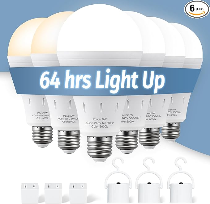 6 Pack Rechargeable Emergency Lights Blubs,Battery Powered Light Bulb 9W 60W Equivalent Backup Light Bulb with Portable Hook，4Pack WhiteLight Bulbs + 2Pack WarmLight Bulbs