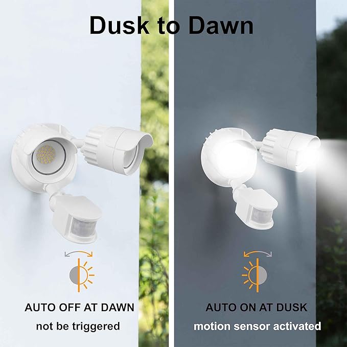 LED Motion Sensor Outdoor Lights, 34W 3500LM 5000K Daylight, IP65 Waterproof, Dusk to Dawn Flood Light, 2 Head Motion Lights for House, Security Lights for Outside, Garage, Yard (White, 1 Pack)