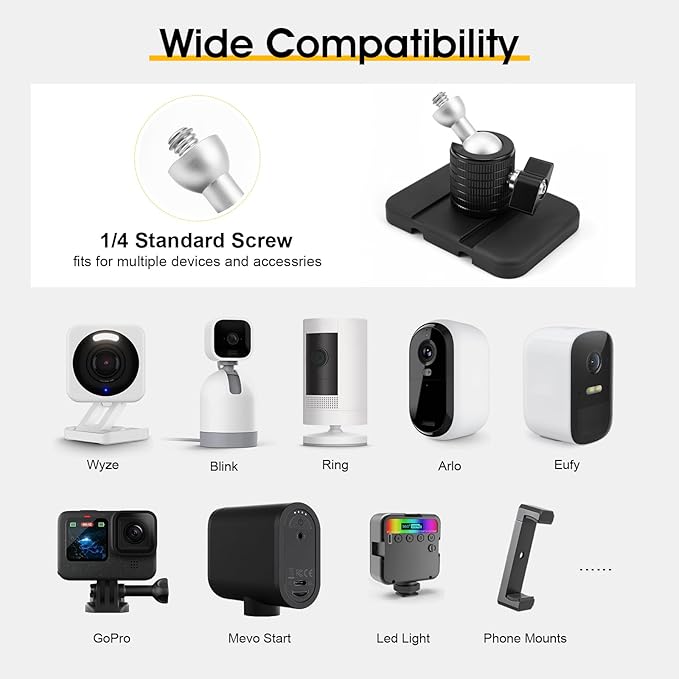 Magnetic Camera Mount with 1/4" Thread for Flat or Curved Steel Surfaces, Flexible Strong Magnet Indoor Outdoor Security Cam Bracket fits for Arlo, Ring, Wyze, Google Nest, Mevo Start