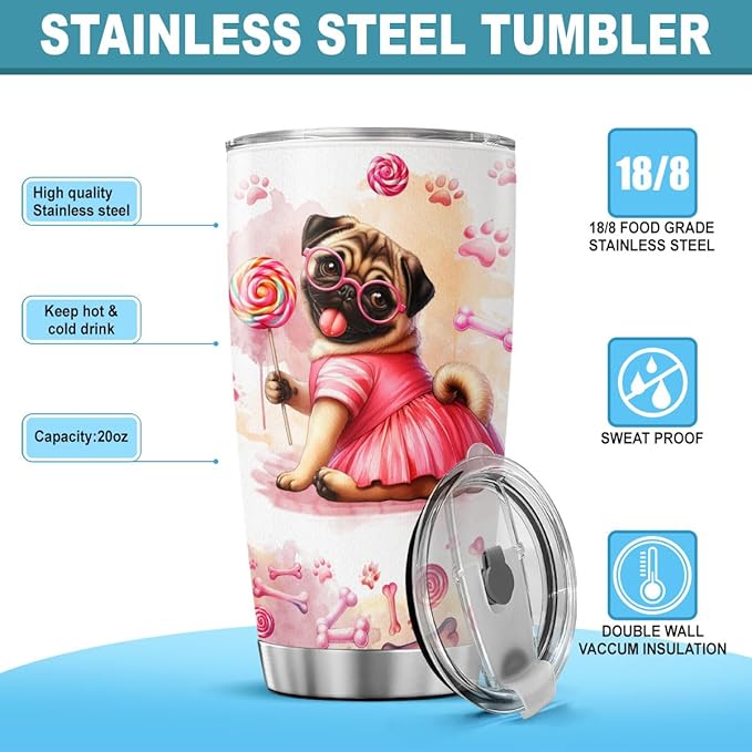 Pug Dog Facts, Dog Mom Gifts, Women Mother Mama Handle Tumblers Best Mothers Insulated For Cups Coffee Funny Day, Tumbler 20 Oz With Lid And Straw