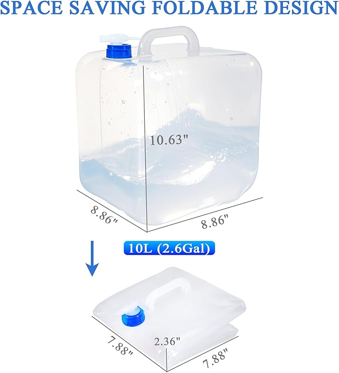 Collapsible Water Container with Spigot & Hook, BPA Free Water Jug, Foldable Carrier Bucket, Water Storage Container for Camping Hiking Survival Kit, 2-Pack (10L/2.6 Gallon)