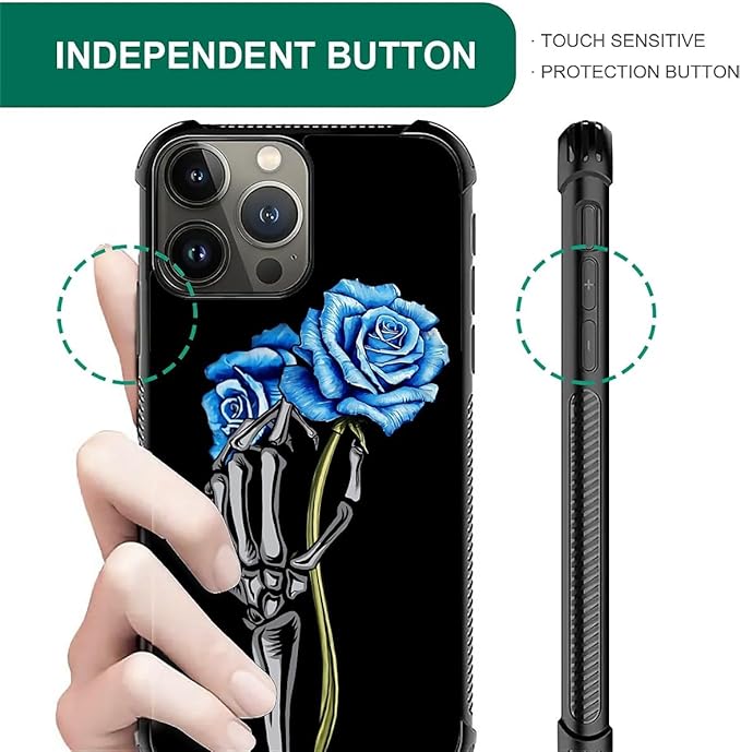 for iPhone 16 Pro Max Case, Skeleton Holding Blue Rose Pattern Graphic Design Girl Boy Soft Silicone Hard Acrylic Shock Protection for iPhone 16 Pro Max
