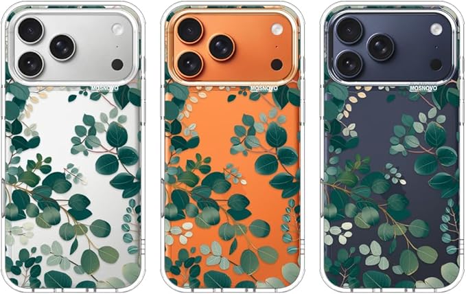 MOSNOVO for iPhone 17 Pro Max Case | Military Grade 6.6ft Drop Tested | Camera Control | Clear with Eucalyptus Design