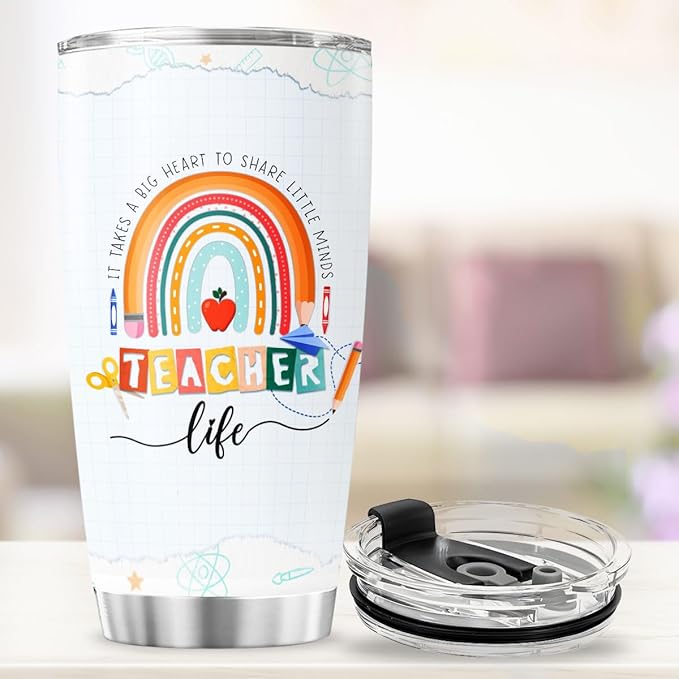 Teacher Appreciation Gift for Women, Cute Rainbow Design Stainless Steel Tumbler, 20oz Insulated Travel Cup with Nutrition Facts, Back to School, End of Year, Birthday Thank You Idea