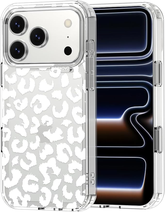 MOSNOVO for iPhone 17 Pro Case | Military Grade 6.6ft Drop Tested | Camera Control | Clear with White Leopard Print Design