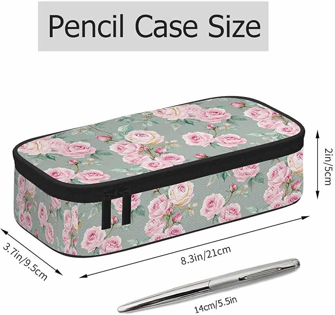 Pink Blooming Flower Pencil Holder Bag Roses Peonies Bouquets Leaves Garden Pencil Case College Office School for Teens Boy Girl