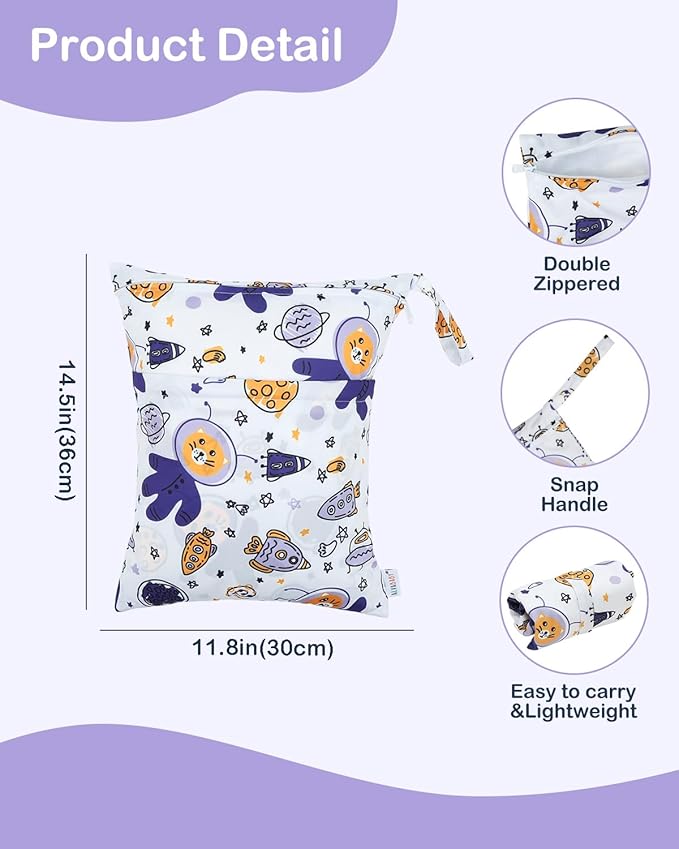 ALVABABY 2pcs Waterproof Wet Dry Bags,Reusable with Two Zippered Pockets,Baby Cloth Diaper,Travel,Beach,Pool,Daycare,Soiled Baby Items,Yoga Gym Bag,Swimsuits or Wet Clothes 2LW03