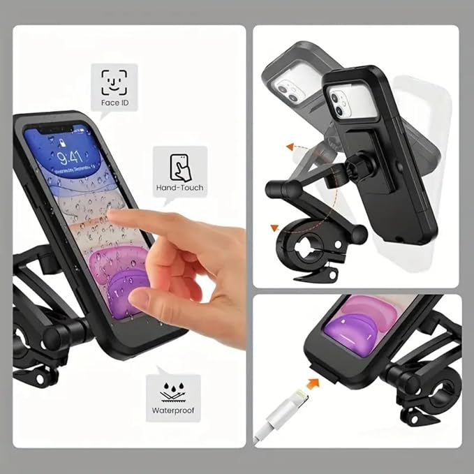 Waterproof Outdoor Sports Bike Phone Mount Case, Bicycle and Motorbike Handlebar Phone Holder with Secure Grip, Shockproof Design, 360 Degree Rotation Adjustable for Smartphones 4 to 6.7 Inches