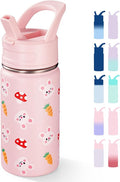 Fijinhom 12oz Water Bottle for School, Bottles with Straws, Stainless Steel Vacuum Insulated Water Bottle, Leak-Proof, BPA-Free, Pink Rabbit