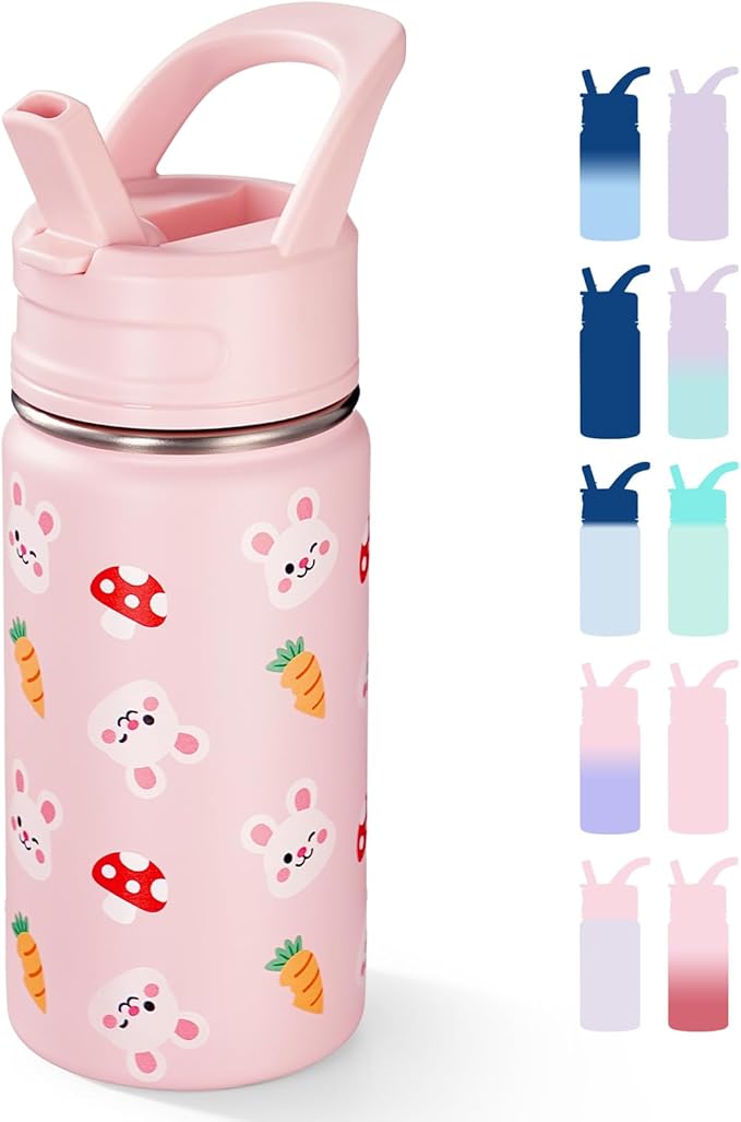 Fijinhom 12oz Water Bottle for School, Bottles with Straws, Stainless Steel Vacuum Insulated Water Bottle, Leak-Proof, BPA-Free, Pink Rabbit