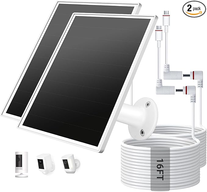 2 Pack Solar Panel for Ring Camera, 6W Solar Charger with USB-C & Barrel Plug for Ring Stick Up Pro/Plus & Spotlight Cam Battery Series, Waterproof, 16ft Cable (White)