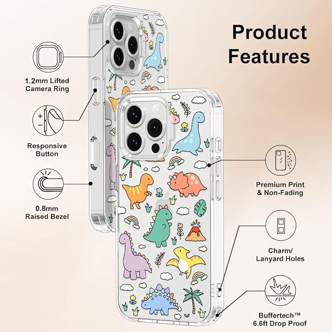 MOSNOVO Case for iPhone 16 Pro Max, [Buffertech 6.6ft Military-Grade Drop Protection] [Anti Peel Off Tech] Clear TPU Bumper Phone Case Cover Design - Dinosaur Land