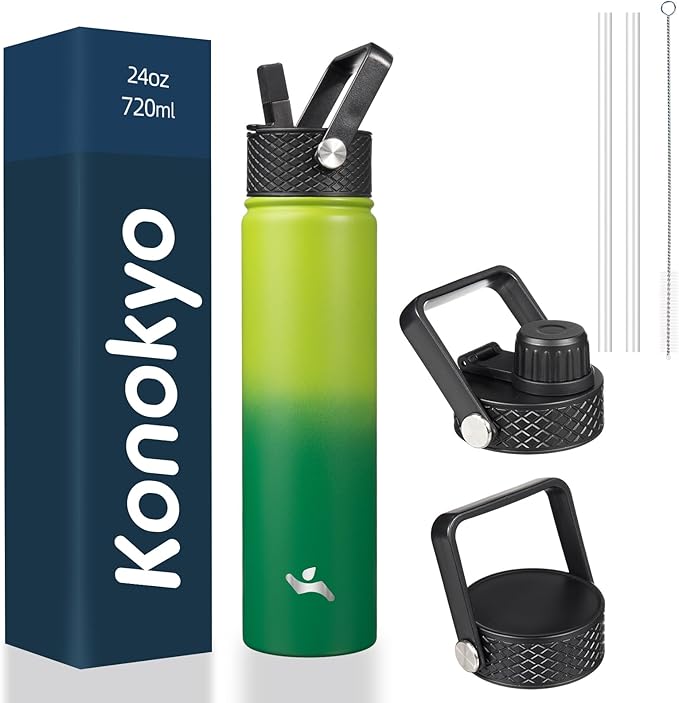Konokyo Insulated Water Bottle 24oz Stainless Steel Sport Bottles with 3 Lids,Bamboo Grove