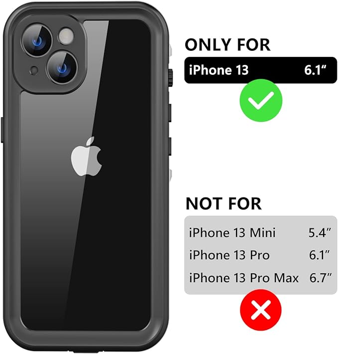 Protebox for iPhone 13 Waterproof Case with Built-in Screen Protector, Shockproof Dustproof Full Body Protective IP68 Waterproof Phone Case for iPhone 13 6.1 inch (Black/Clear)