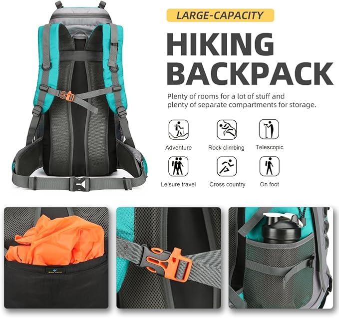 King'sGuard 60L Hiking Backpack for Men and Women Lightweight Camping Hiking Backpack with Rain Cover Large Waterproof Travel Backpack Backpacking Pack (Lake Blue)
