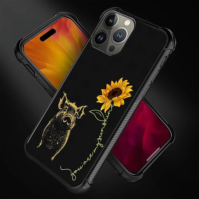for iPhone 15 Pro Case, Pig Sunflower Yellow Sunshine Pattern Graphic Design Girl Boy Soft Silicone Hard Acrylic Shock Protection for iPhone 15 Pro