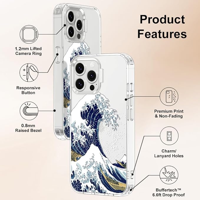 MOSNOVO Case for iPhone 13 Pro Max, [Buffertech 6.6ft Military-Grade Drop Protection] [Anti Peel Off Tech] Clear TPU Bumper Phone Case Cover Design - Great Wave