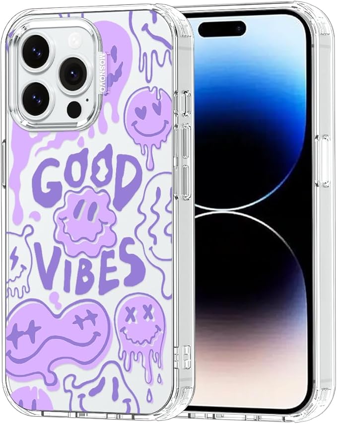MOSNOVO Case for iPhone 14 Pro Max, [Buffertech 6.6ft Military-Grade Drop Protection] [Anti Peel Off Tech] Clear TPU Bumper Phone Case Cover Design - Good Vibes