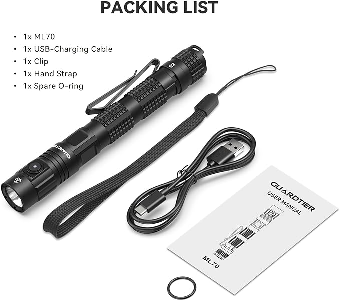 Guardtier ML70 Rechargeable Flashlight for Outdoor Working Camping/Emergencies/Outdoor Activities, Aluminum LED Tactical Penlight, USB-C/2AA, Tail Switch, 1500 Lumens, 5 Modes - Black, 6.1 in