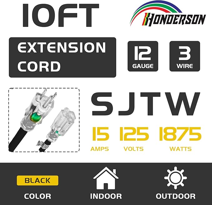 Indoor Outdoor Extension Cord Weatherproof with Lighted End, UL Listed, 12 Gauge 10FT Black 3 Prong Heavy Duty, 12/3 SJTW 15A Power Cord for Outdoor Lights, Lawn