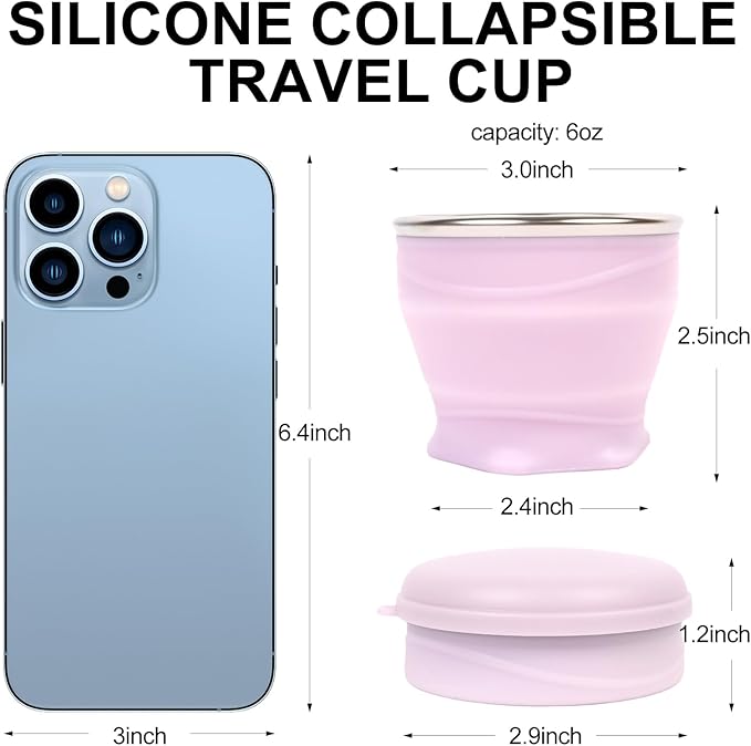 Collapsible Travel Cup with Lid (6oz/180ml) - BPA Free Silicone Folding Cup with Stainless Steel Rim - Portable Pocket Cup for Mouthwash, Pills,Hiking, Camping & Kids(Creamy yellow)