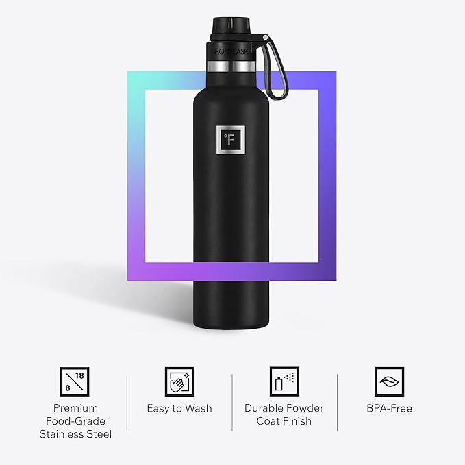 IRON °FLASK Camping & Hiking Hydration Flask with Spout, Narrow Mouth Insulated Stainless Steel Sports Water Bottle - Black Marquina 24 oz - Spout (1 Lid)