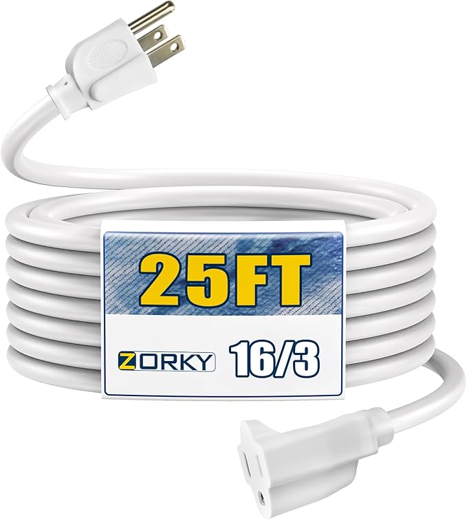25ft Outdoor Extension Cord - 16/3 Heavy Duty SJTW Waterproof White Electrical Cable with 3 Prong Grounded Plug for Safety, Great for Lawn and Major Appliances