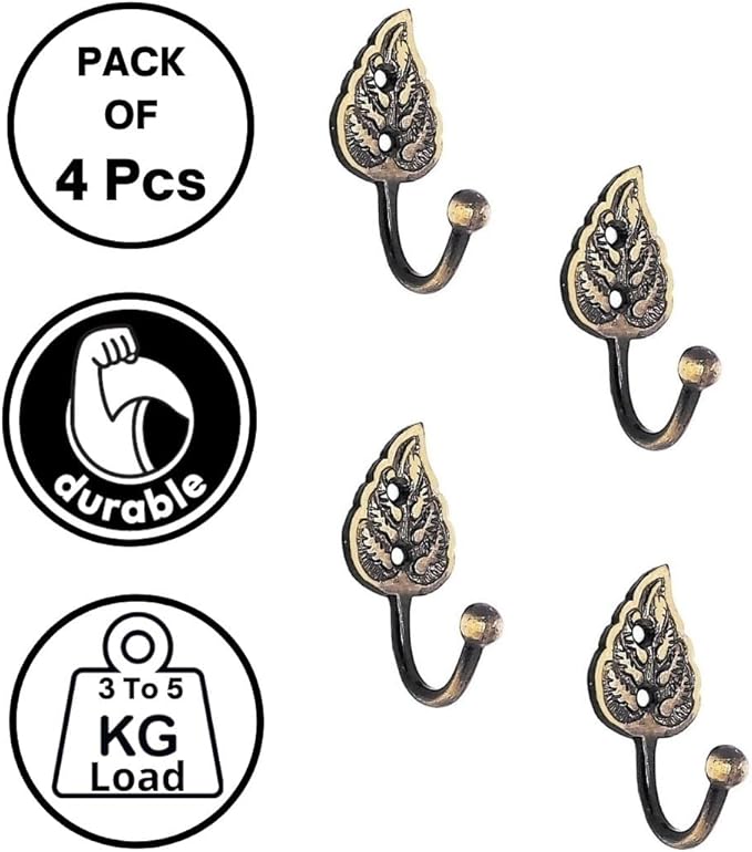 FAPBADRI Multipurpose Hooks, Used to Hang Clothes, Bags, Coats, Curtain Hold Backs, Keys, Colour - Antique Gold, Material - Brass, Leaf Design, Screws and Wallplugs Included, Pack of 4 Pieces