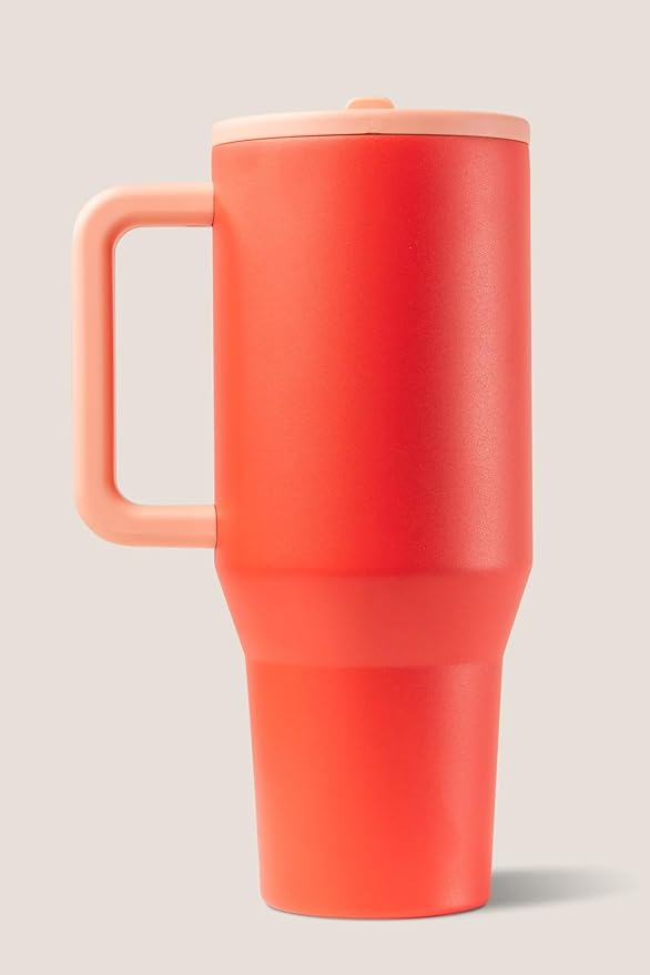 HydroJug Traveler - 40 oz Water Bottle with Handle & Flip Straw - Fits in Cup Holder, Leak Resistant Tumbler-Reusable Insulated Stainless Steel & Rubber Base - Gifts for Women & Men, Peach Pop