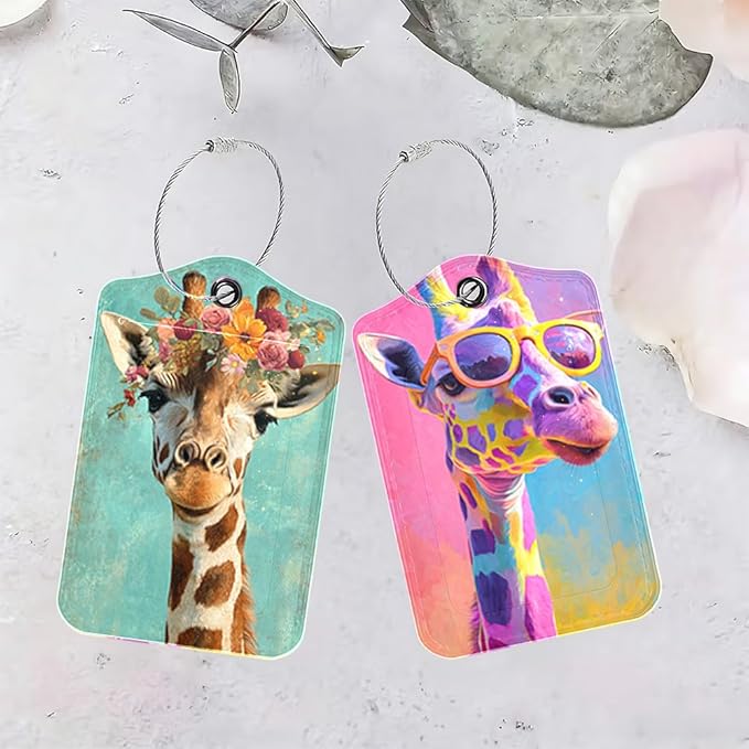 2 Pack Giraffe Luggage Tags for Suitcases, Floral & Sunglasses Animal Travel ID Tags with Privacy Cover, PU Leather Bag Identifiers, Spring & Summer Vacation Essentials, Mother's Day