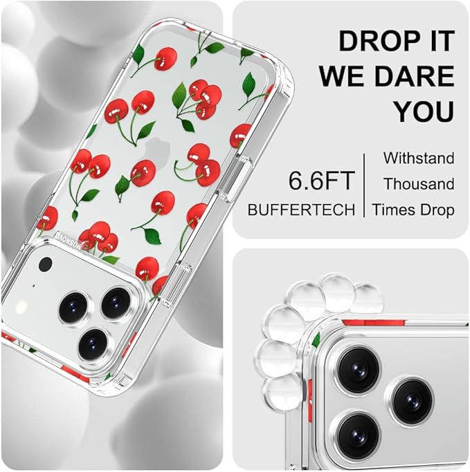 MOSNOVO for iPhone 17 Pro Case | Military Grade 6.6ft Drop Tested | Camera Control | Clear with Cute Cherry Design